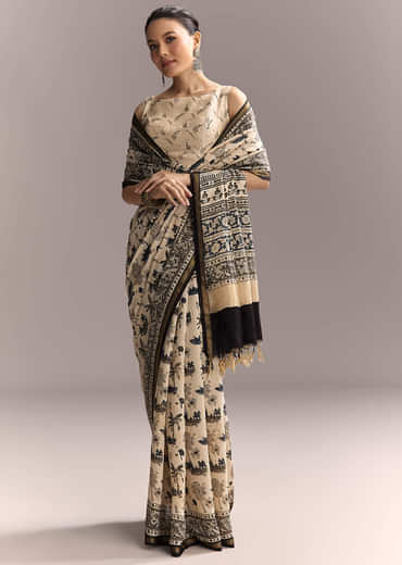 Beige Linen Saree With Black Hand Block Ajrakh Floral Print
