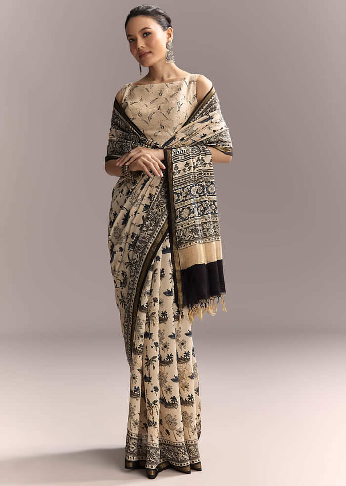Beige Linen Saree With Black Hand Block Ajrakh Floral Print