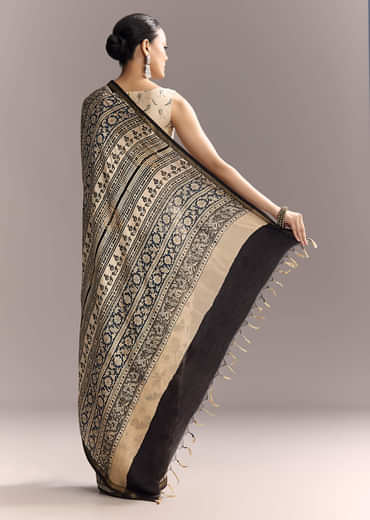 Beige Linen Saree With Black Hand Block Ajrakh Floral Print