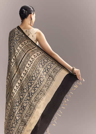 Beige Linen Saree With Black Hand Block Ajrakh Floral Print