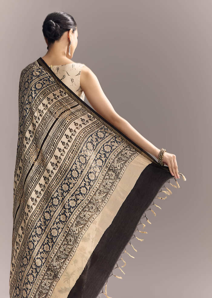 Beige Linen Saree With Black Hand Block Ajrakh Floral Print