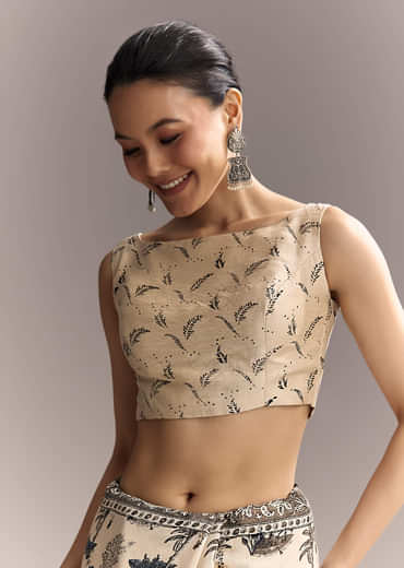 Beige Linen Saree With Black Hand Block Ajrakh Floral Print