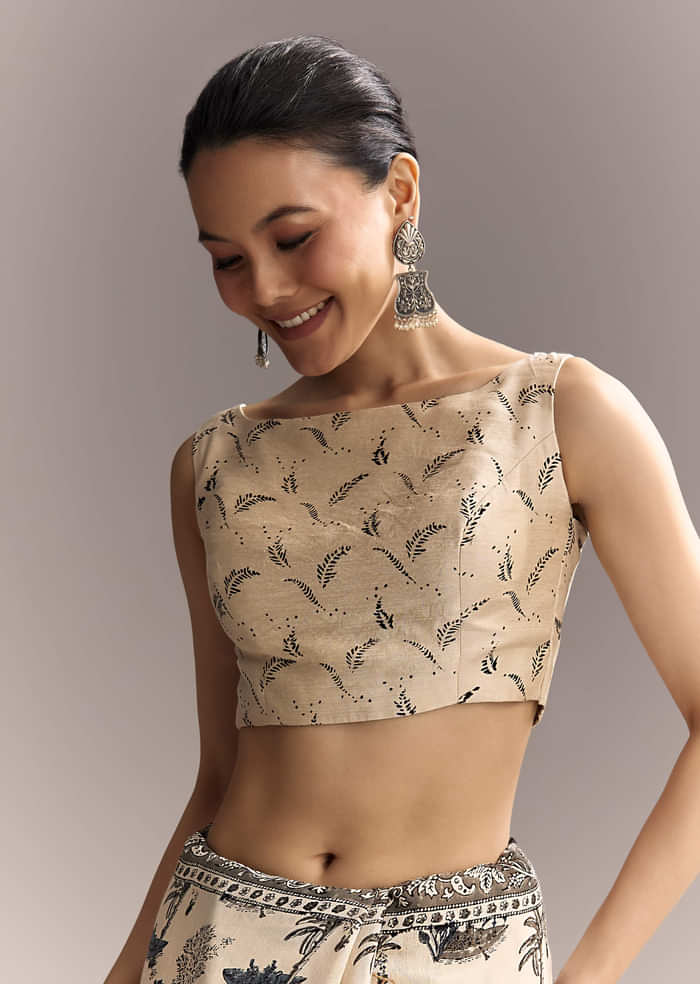Beige Linen Saree With Black Hand Block Ajrakh Floral Print