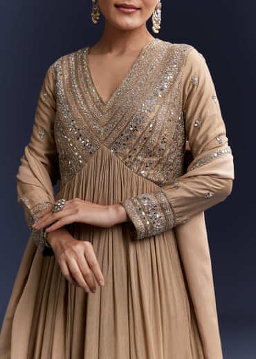 Beige Mirror Work Chinnon Anarkali with Dupatta