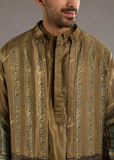 Beige Modal Linen Kurta Jacket Set For Men With Hand Block Ajrakh Print