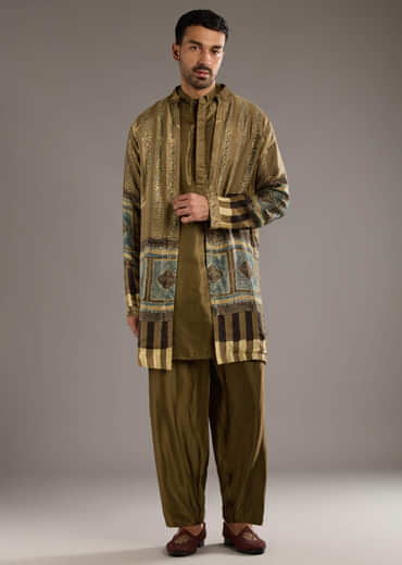 Beige Modal Linen Kurta Jacket Set For Men With Hand Block Ajrakh Print