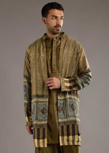 Beige Modal Linen Kurta Jacket Set For Men With Hand Block Ajrakh Print