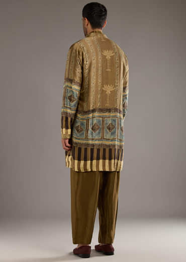 Beige Modal Linen Kurta Jacket Set For Men With Hand Block Ajrakh Print