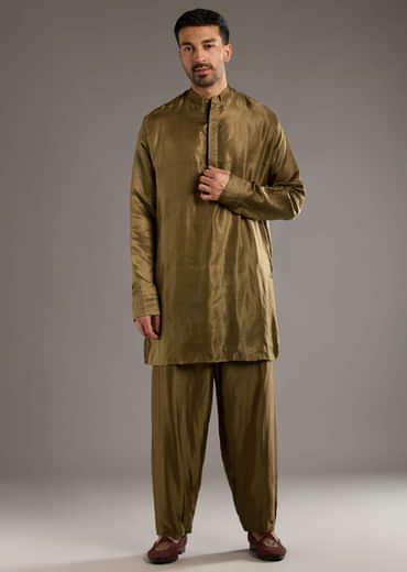 Beige Modal Linen Kurta Jacket Set For Men With Hand Block Ajrakh Print