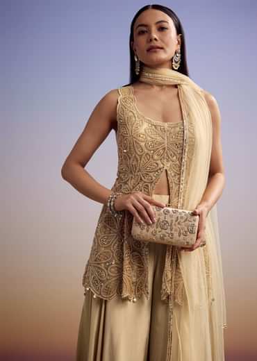 Beige Net Palazzo Suit With Moti And Cut Dana Embroidery