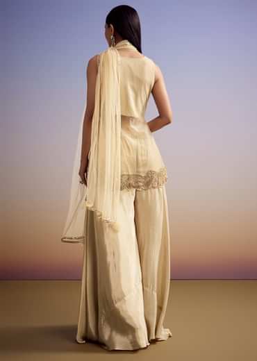 Beige Net Palazzo Suit With Moti And Cut Dana Embroidery