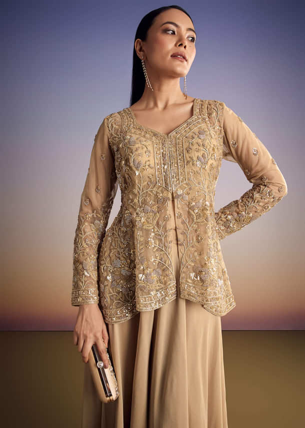 Beige Net Peplum Kurta Set With Beads And Sequins Work