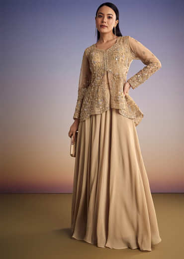 Beige Net Peplum Kurta Set With Beads And Sequins Work