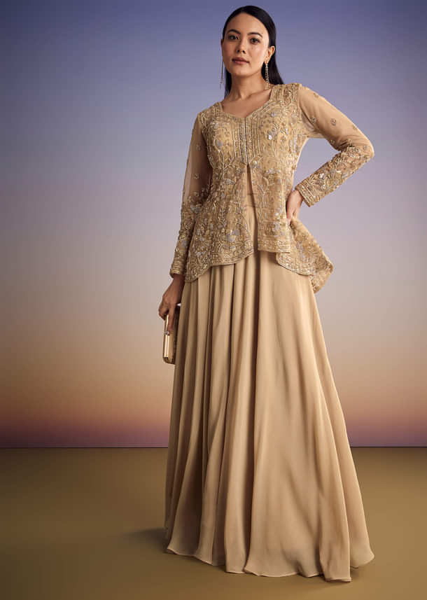 Beige Net Peplum Kurta Set With Beads And Sequins Work