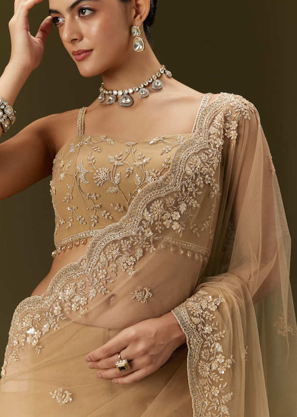 Beige Net Saree With All Over Heavy Embroidery
