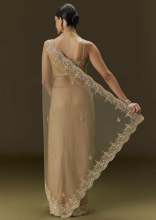 Beige Net Saree With All Over Heavy Embroidery