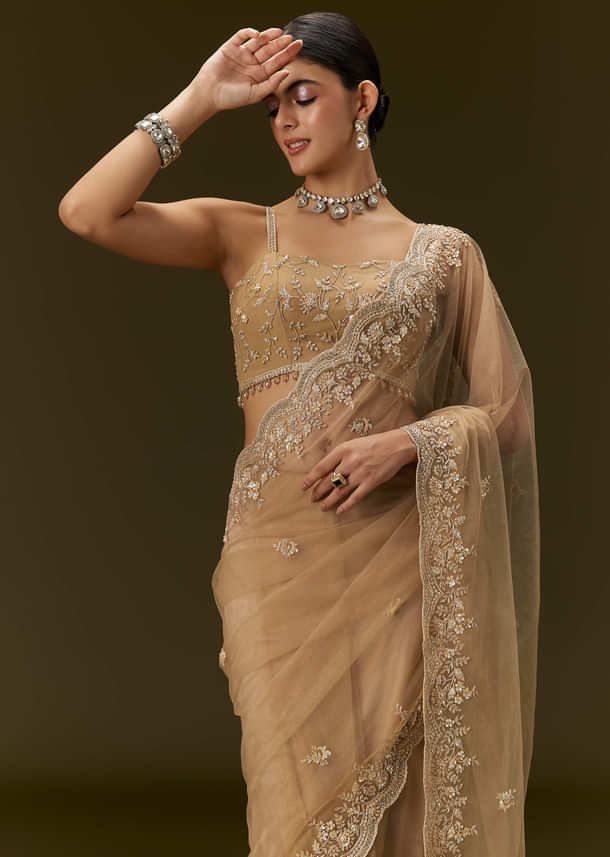 Beige Net Saree With All Over Heavy Embroidery