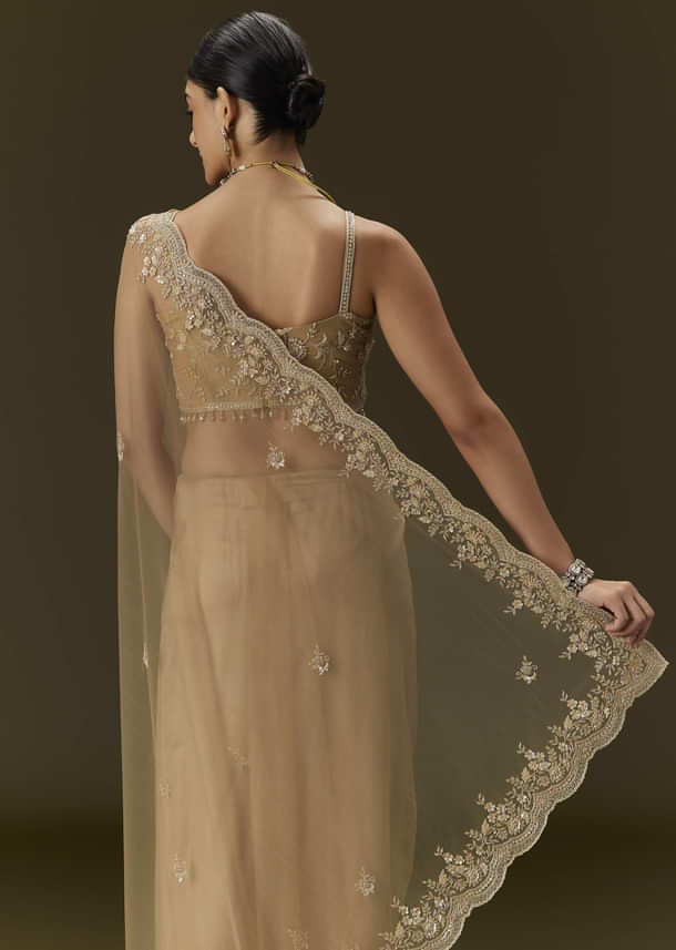 Beige Net Saree With All Over Heavy Embroidery