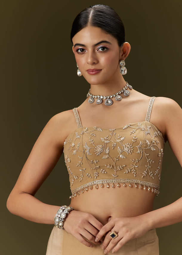 Beige Net Saree With All Over Heavy Embroidery