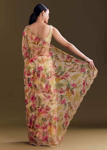 Beige Organza Saree With Beaded Border And Floral Print
