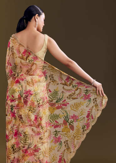 Beige Organza Saree With Beaded Border And Floral Print