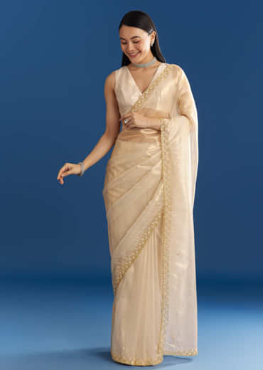 Beige Organza Tissue Saree With Embroidered Scallop