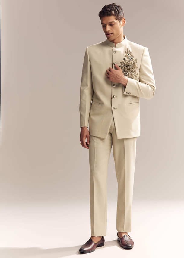 Beige Rayon Jodhpuri Suit For Men With Zardosi Embroidery Beige Rayon Jodhpuri Suit For Men With Zardosi Embroidery