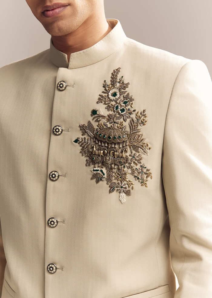 Beige Rayon Jodhpuri Suit For Men With Zardosi Embroidery