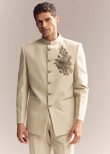 Beige Rayon Jodhpuri Suit For Men With Zardosi Embroidery