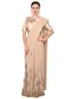Beige saree gown adorn in pearl and sequin embroidery only on Kalki