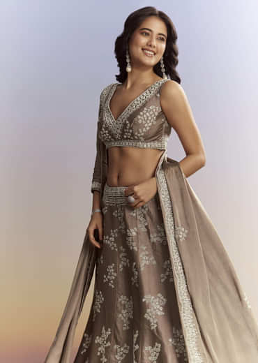 Beige Satin Bridesmaid Lehenga With Heavy Embroidery
