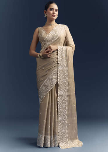 Beige Satin Cotton Saree With White Resham Embroidery Beige Satin Cotton Saree With White Resham Embroidery