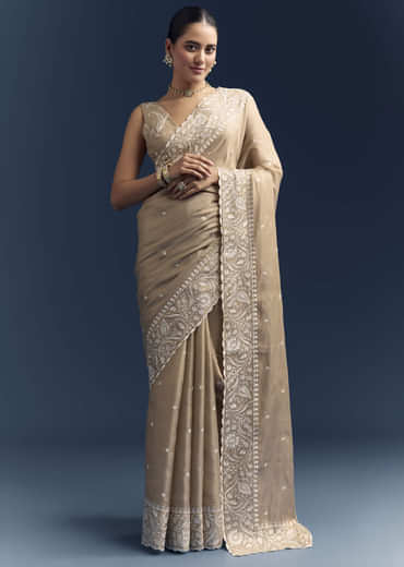 Beige Satin Cotton Saree With White Resham Embroidery Beige Satin Cotton Saree With White Resham Embroidery