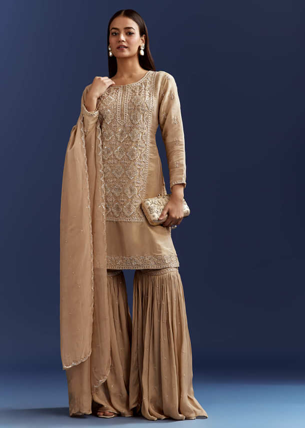 Beige Sequins And Cutdana Kurta With Sharara And Organza Dupatta Beige Sequins And Cutdana Kurta With Sharara And Organza Dupatta