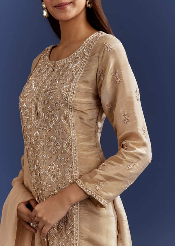 Beige Sequins And Cutdana Kurta With Sharara And Organza Dupatta Beige Sequins And Cutdana Kurta With Sharara And Organza Dupatta