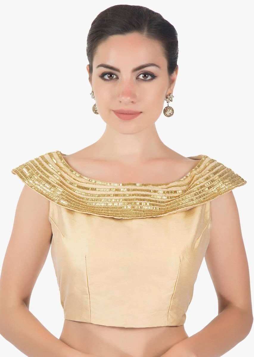 Beige Blouse In Silk With Cowl Neck Studed With Cut Danna Online - Kalki Fashion