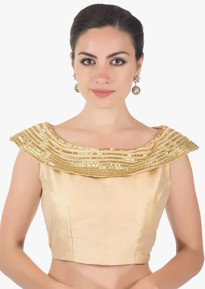 Beige Blouse In Silk With Cowl Neck Studed With Cut Danna Online - Kalki Fashion
