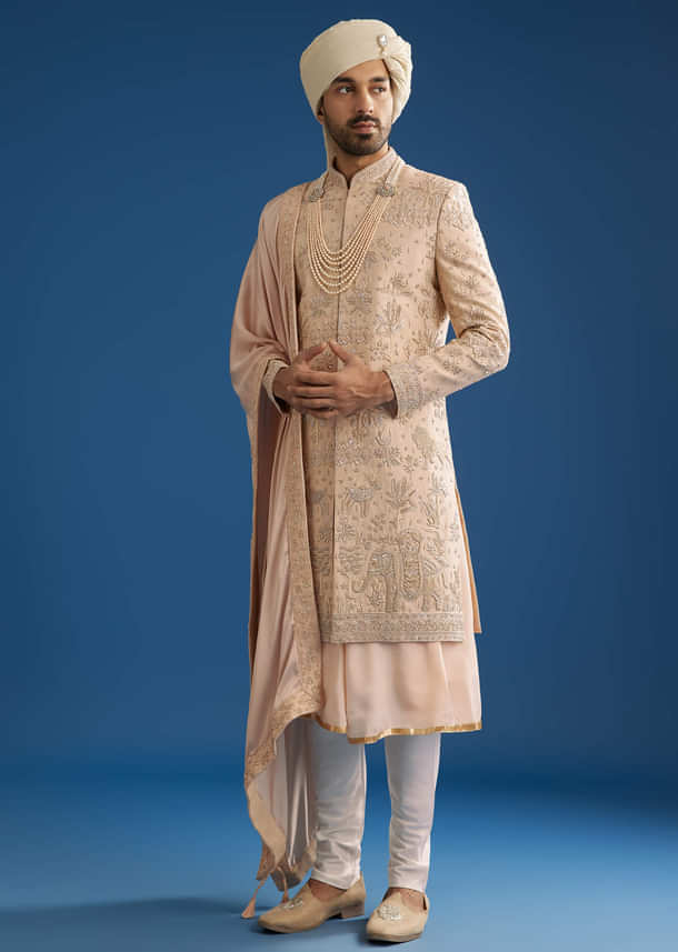 Beige Silk Groom Sherwani Set With Zardosi Work