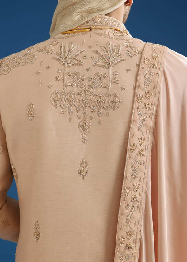 Beige Silk Groom Sherwani Set With Zardosi Work