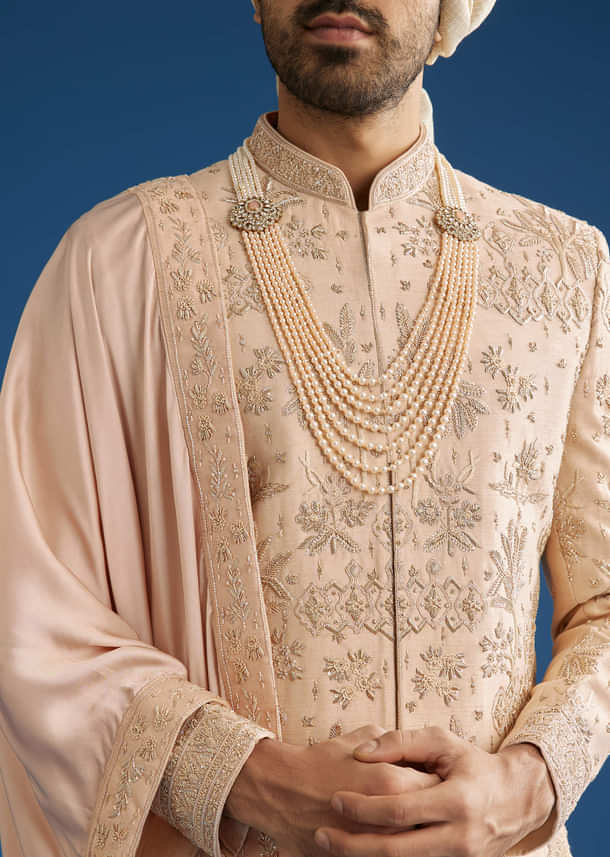Beige Silk Groom Sherwani Set With Zardosi Work