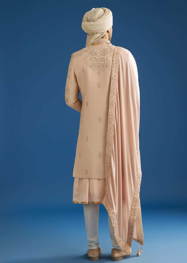 Beige Silk Groom Sherwani Set With Zardosi Work