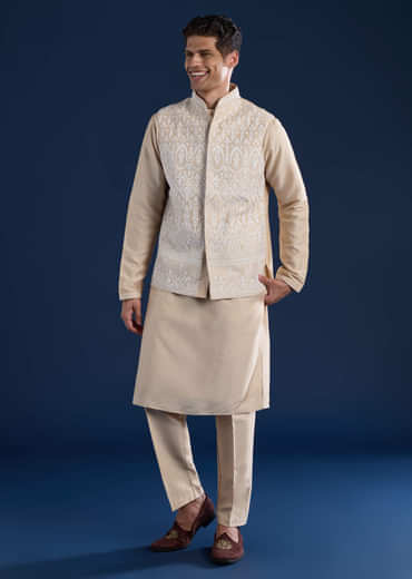 Beige Silk Jacket and Kurta Set with Resham Work