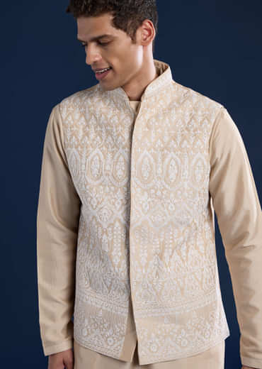 Beige Silk Jacket and Kurta Set with Resham Work