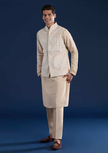 Beige Silk Jacket and Kurta Set with Resham Work