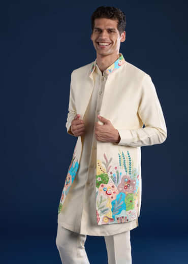 Beige Silk Jacket Kurta Set with Resham Embroidery