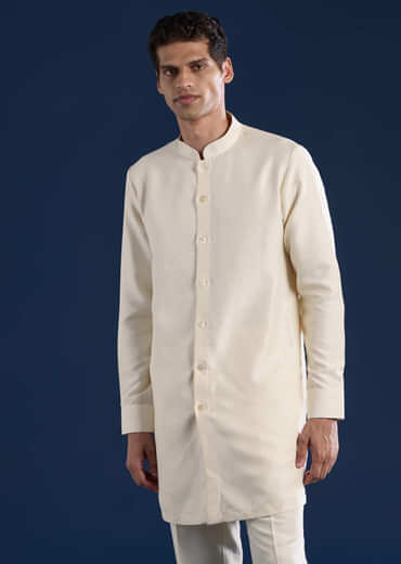 Beige Silk Jacket Kurta Set with Resham Embroidery