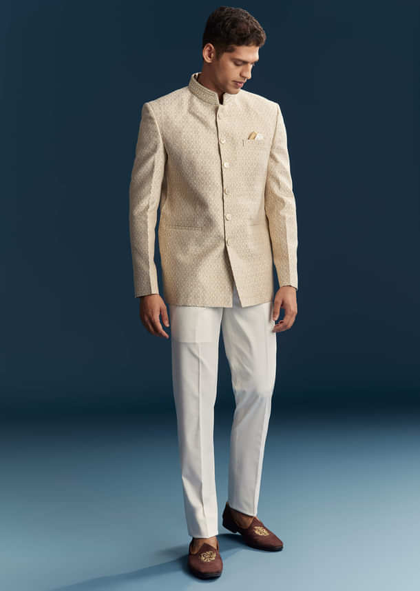 Beige Silk Jodhpuri Suit For Men With Embroidery Beige Silk Jodhpuri Suit For Men With Embroidery