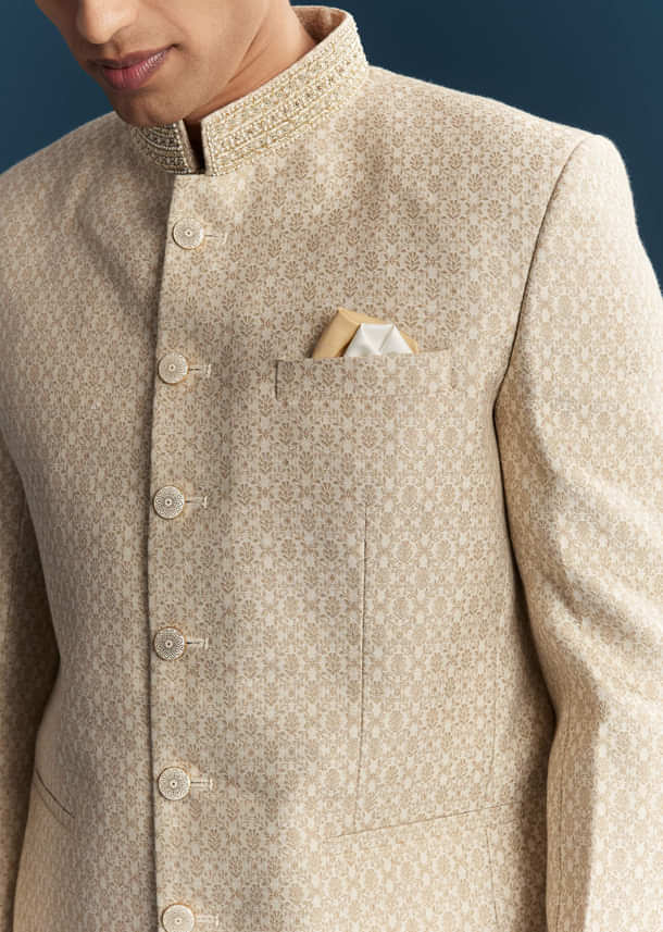 Beige Silk Jodhpuri Suit For Men With Embroidery Beige Silk Jodhpuri Suit For Men With Embroidery