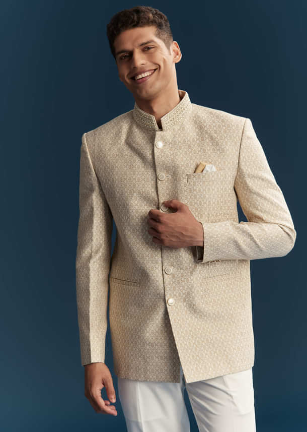 Beige Silk Jodhpuri Suit For Men With Embroidery Beige Silk Jodhpuri Suit For Men With Embroidery