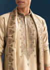 Beige Silk Kurta Set For Men With Thread Embroidery